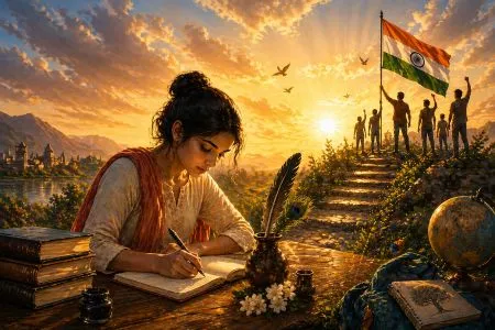 प्रेरणादायक कविता थीम पर युवती लिखते हुए और पीछे तिरंगा लिए युवा, सफलता और संकल्प का दृश्य
