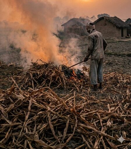 भारत के ग्रामीण खेत में किसान मक्का के अवशेष जलाते हुए, फसल अवशेष जलाने से फैलता वायु प्रदूषण और पर्यावरण पर असर।