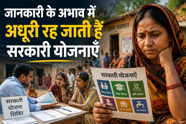 सरकारी योजना शिविर के पास बैठी ग्रामीण महिला सरकारी योजनाओं की जानकारी वाला पर्चा हाथ में लिए चिंतित दिखाई दे रही है. यह तस्वीर ग्रामीण क्षेत्रों में सरकारी योजनाओं के प्रति जागरूकता की कमी को दर्शाती है.